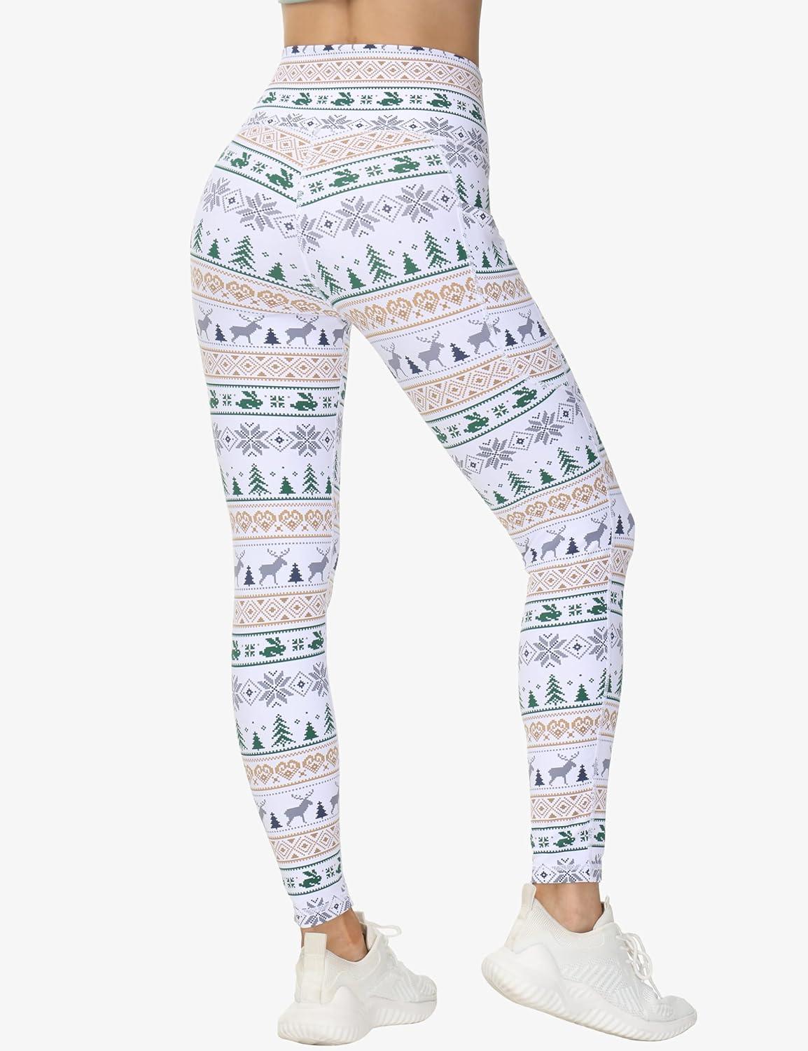 imageTHE GYM PEOPLE Womens Cross Waist Workout Leggings Tummy Control High Waisted Athletic Yoga Pants with PocketsXmas Print White