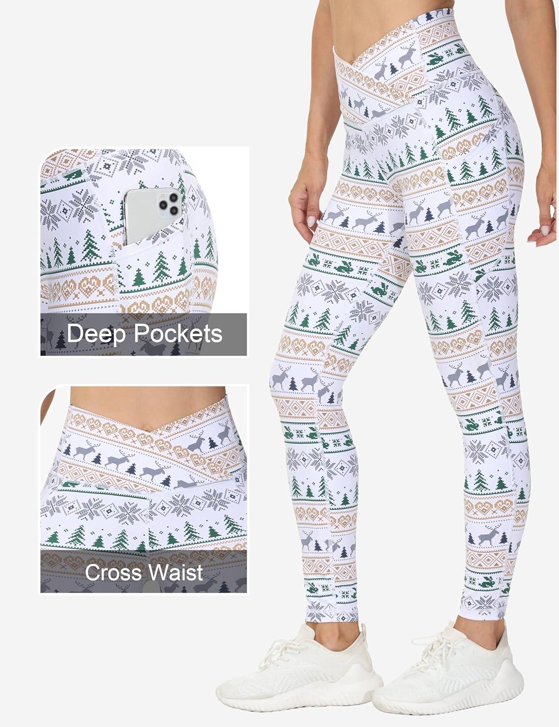 imageTHE GYM PEOPLE Womens Cross Waist Workout Leggings Tummy Control High Waisted Athletic Yoga Pants with PocketsXmas Print White