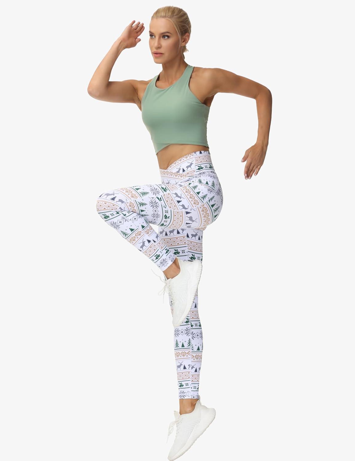 imageTHE GYM PEOPLE Womens Cross Waist Workout Leggings Tummy Control High Waisted Athletic Yoga Pants with PocketsXmas Print White