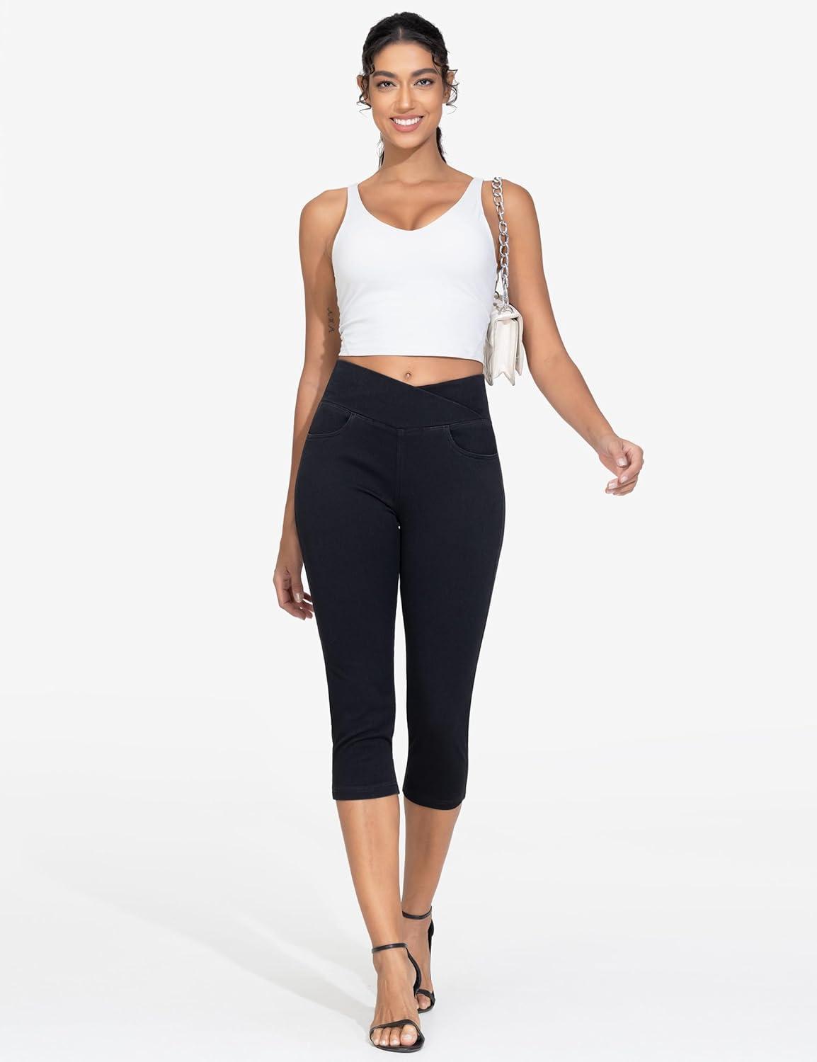 imageTHE GYM PEOPLE Womens Cross Waisted Stretchy Capri Denim Jeggings Tummy Control Skinny Jean Leggings with PocketsBlack