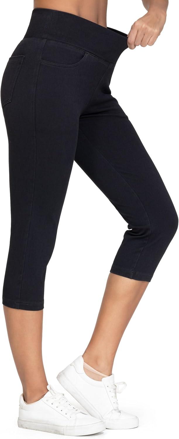 imageTHE GYM PEOPLE Womens Cross Waisted Stretchy Capri Denim Jeggings Tummy Control Skinny Jean Leggings with PocketsBlack