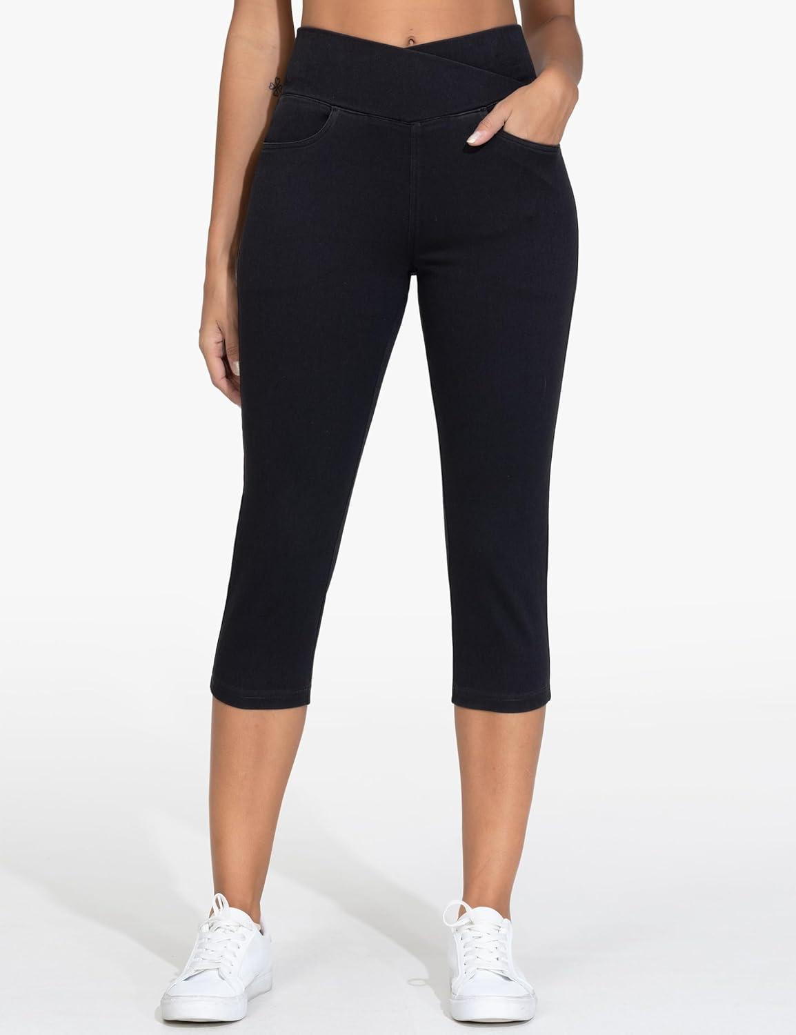 imageTHE GYM PEOPLE Womens Cross Waisted Stretchy Capri Denim Jeggings Tummy Control Skinny Jean Leggings with PocketsBlack
