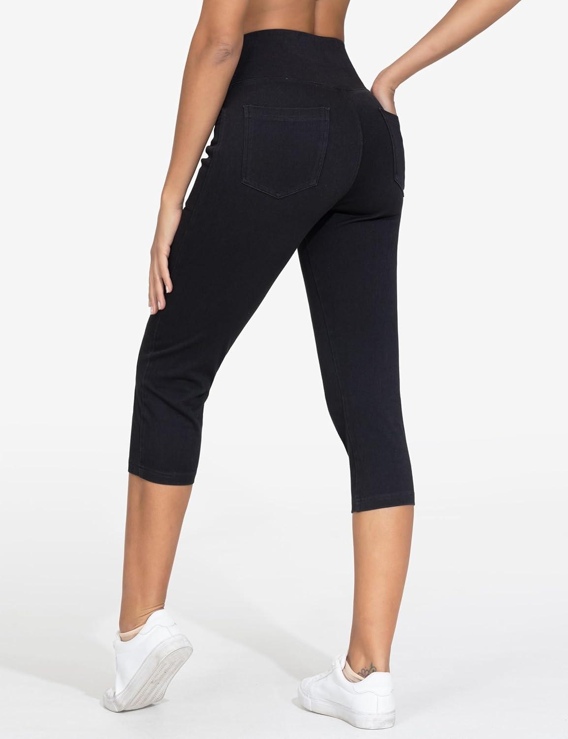 imageTHE GYM PEOPLE Womens Cross Waisted Stretchy Capri Denim Jeggings Tummy Control Skinny Jean Leggings with PocketsBlack