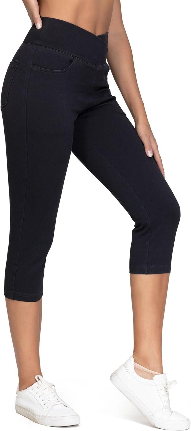 imageTHE GYM PEOPLE Womens Cross Waisted Stretchy Capri Denim Jeggings Tummy Control Skinny Jean Leggings with PocketsBlack