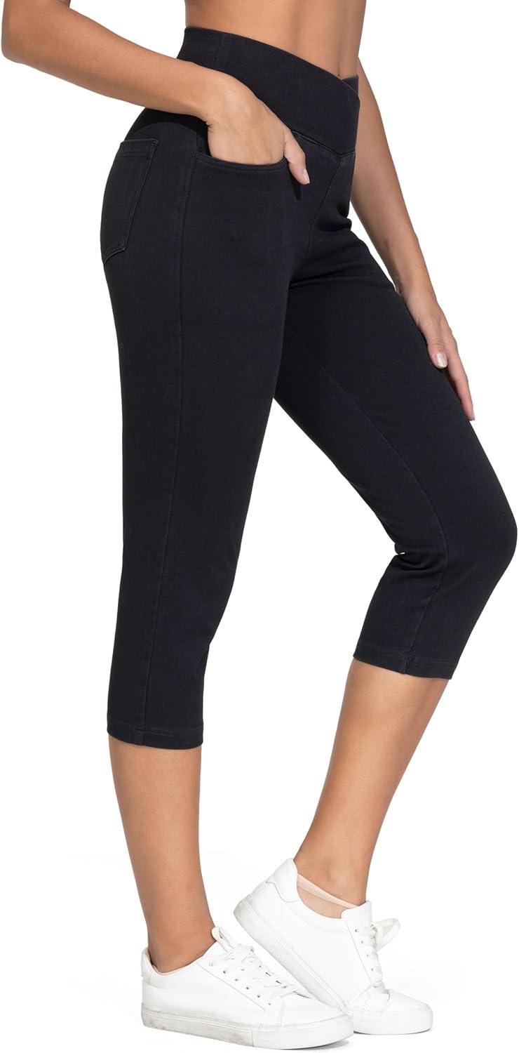 imageTHE GYM PEOPLE Womens Cross Waisted Stretchy Capri Denim Jeggings Tummy Control Skinny Jean Leggings with PocketsBlack