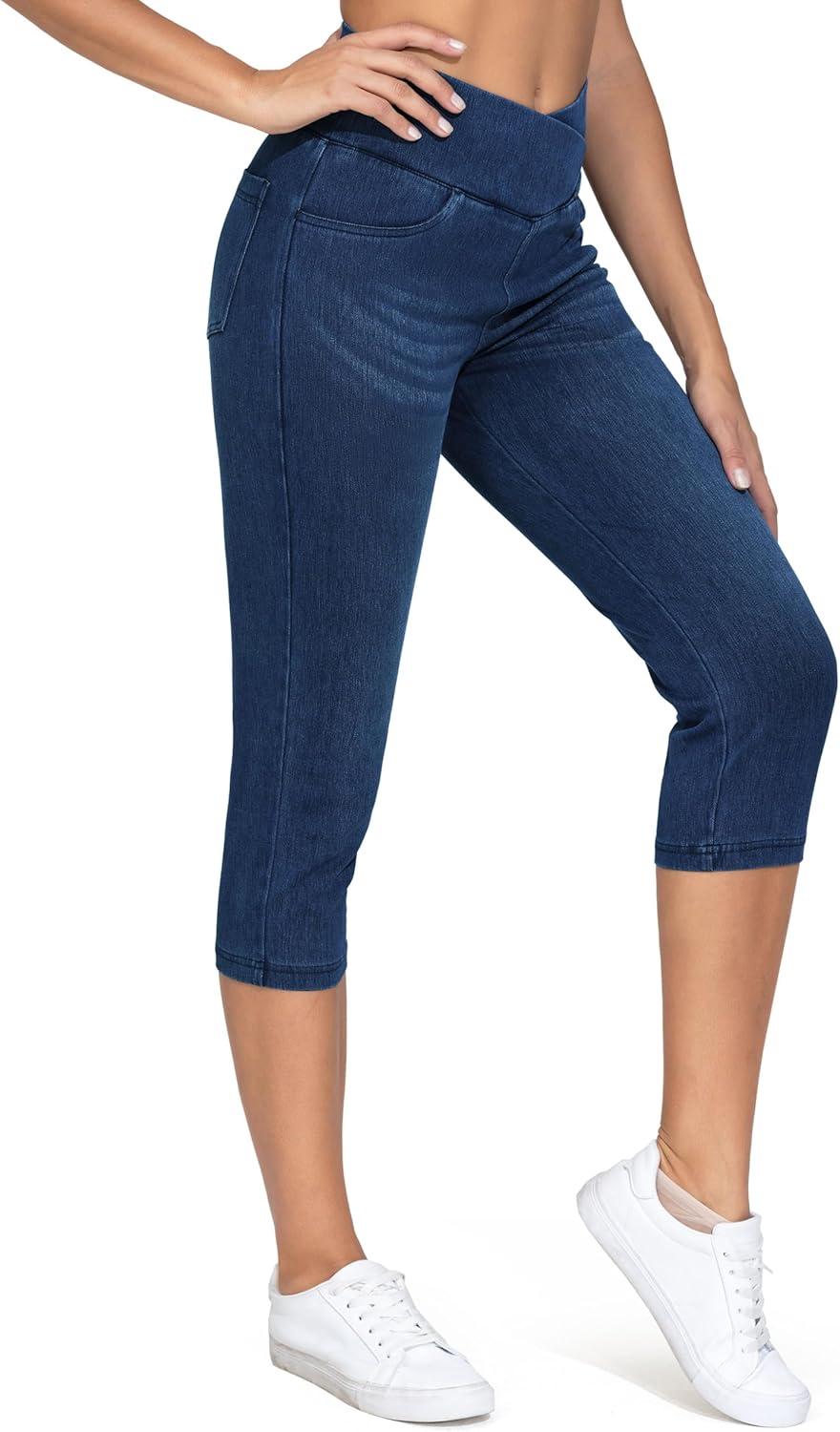 imageTHE GYM PEOPLE Womens Cross Waisted Stretchy Capri Denim Jeggings Tummy Control Skinny Jean Leggings with PocketsDark Blue