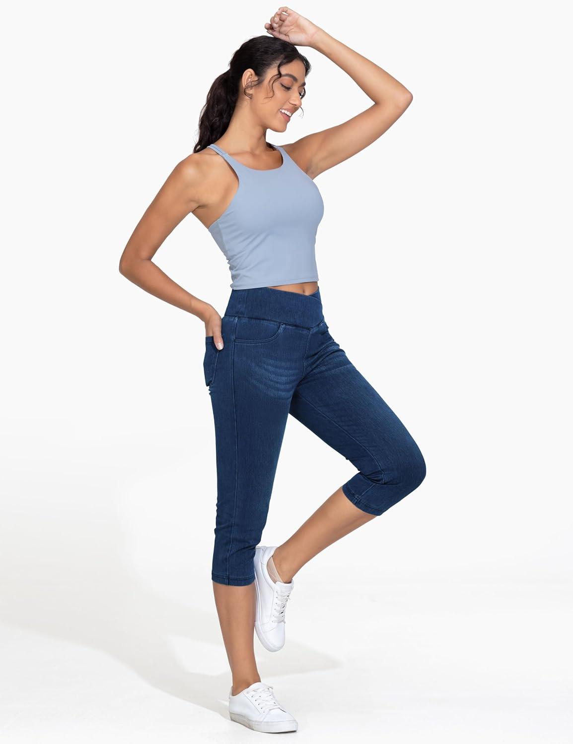 imageTHE GYM PEOPLE Womens Cross Waisted Stretchy Capri Denim Jeggings Tummy Control Skinny Jean Leggings with PocketsDark Blue