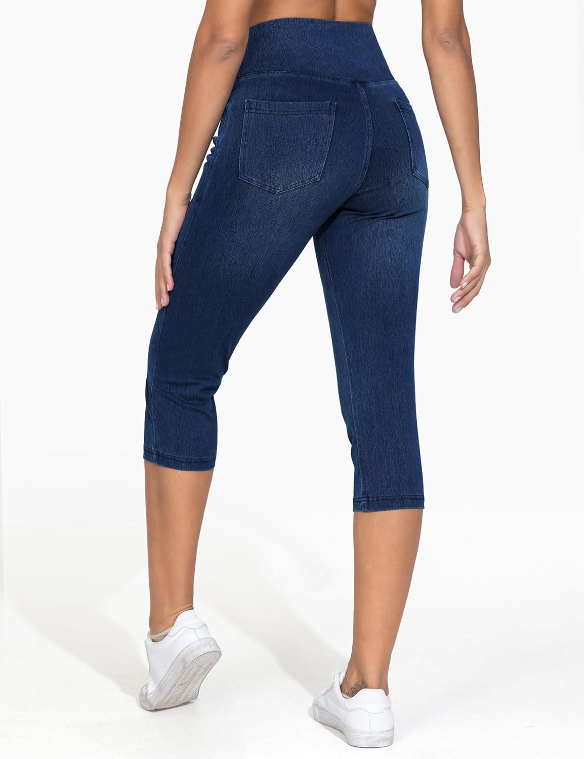 imageTHE GYM PEOPLE Womens Cross Waisted Stretchy Capri Denim Jeggings Tummy Control Skinny Jean Leggings with PocketsDark Blue