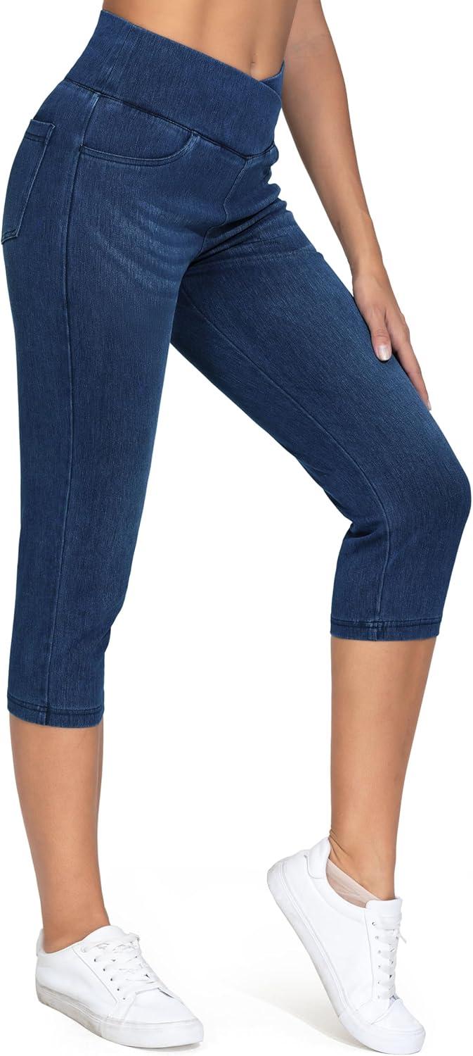 imageTHE GYM PEOPLE Womens Cross Waisted Stretchy Capri Denim Jeggings Tummy Control Skinny Jean Leggings with PocketsDark Blue
