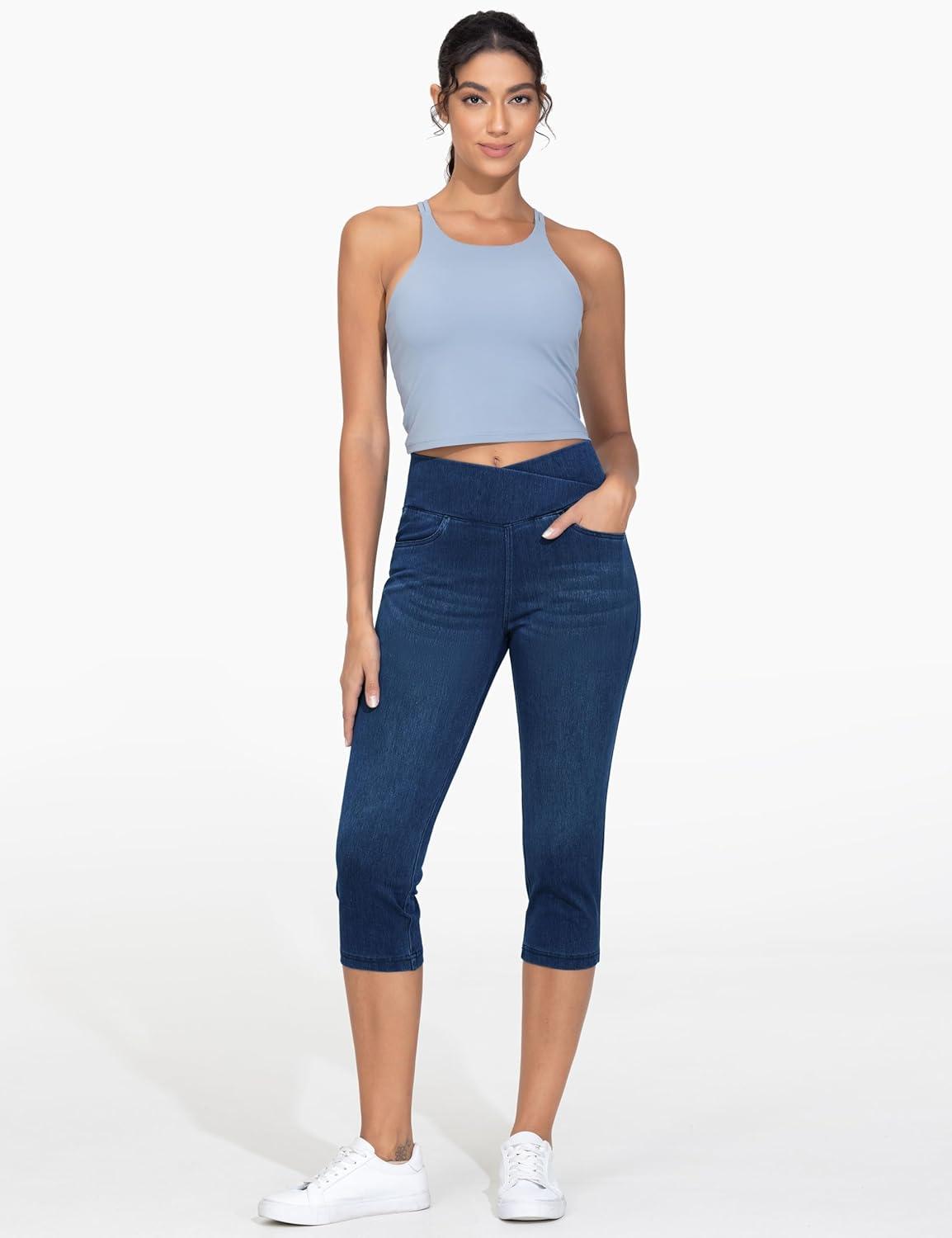 imageTHE GYM PEOPLE Womens Cross Waisted Stretchy Capri Denim Jeggings Tummy Control Skinny Jean Leggings with PocketsDark Blue