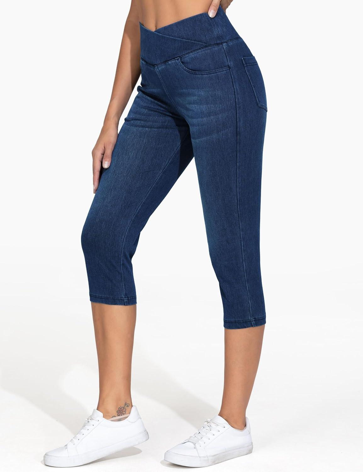 imageTHE GYM PEOPLE Womens Cross Waisted Stretchy Capri Denim Jeggings Tummy Control Skinny Jean Leggings with PocketsDark Blue