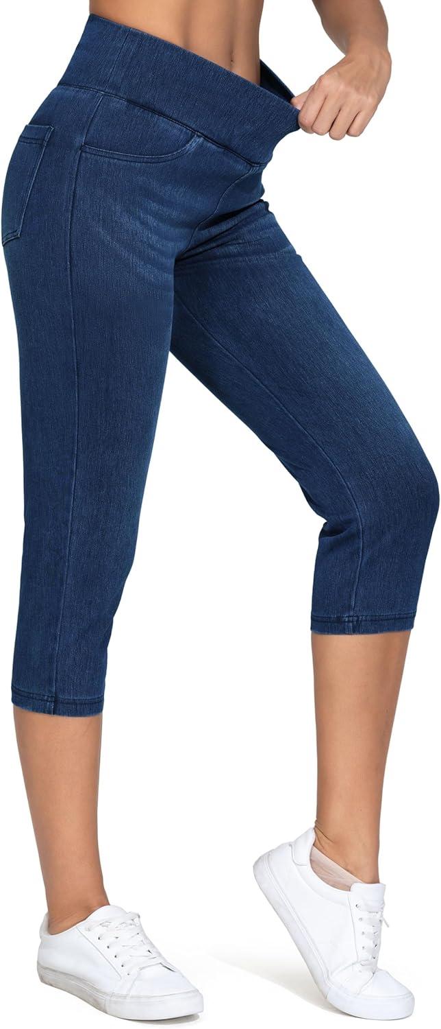imageTHE GYM PEOPLE Womens Cross Waisted Stretchy Capri Denim Jeggings Tummy Control Skinny Jean Leggings with PocketsDark Blue