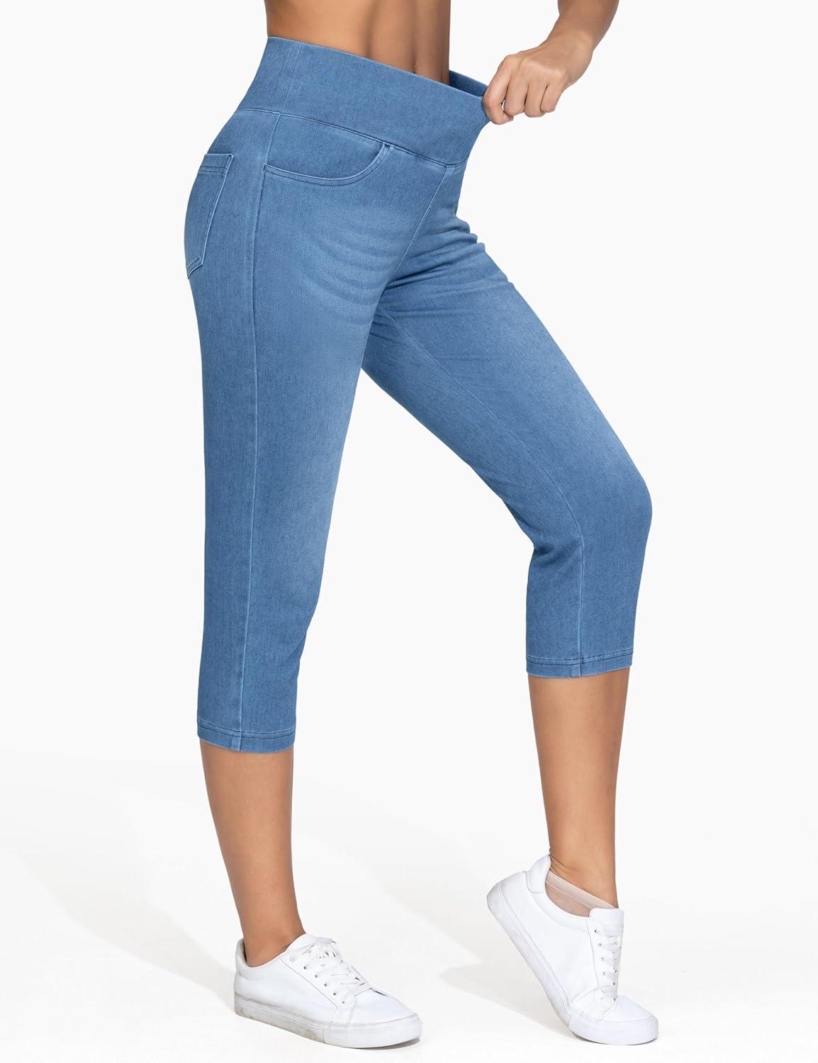 imageTHE GYM PEOPLE Womens Cross Waisted Stretchy Capri Denim Jeggings Tummy Control Skinny Jean Leggings with PocketsDenim Blue