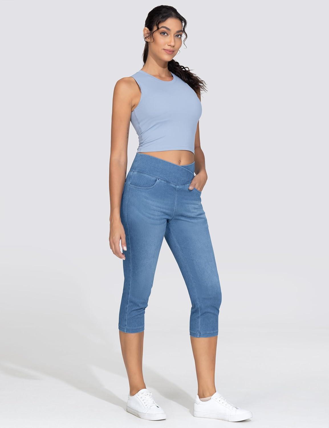 imageTHE GYM PEOPLE Womens Cross Waisted Stretchy Capri Denim Jeggings Tummy Control Skinny Jean Leggings with PocketsDenim Blue
