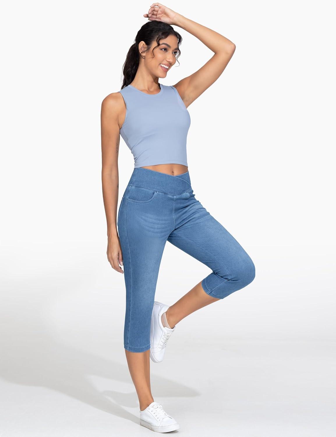 imageTHE GYM PEOPLE Womens Cross Waisted Stretchy Capri Denim Jeggings Tummy Control Skinny Jean Leggings with PocketsDenim Blue