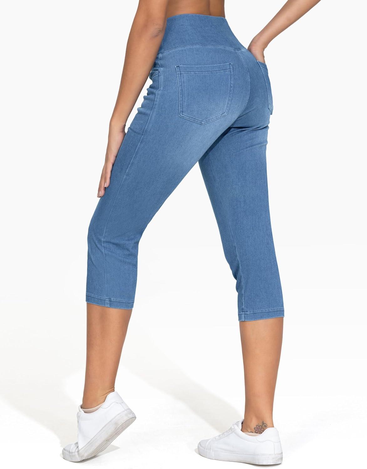 imageTHE GYM PEOPLE Womens Cross Waisted Stretchy Capri Denim Jeggings Tummy Control Skinny Jean Leggings with PocketsDenim Blue