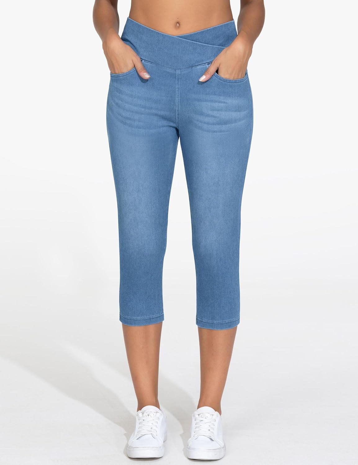 imageTHE GYM PEOPLE Womens Cross Waisted Stretchy Capri Denim Jeggings Tummy Control Skinny Jean Leggings with PocketsDenim Blue