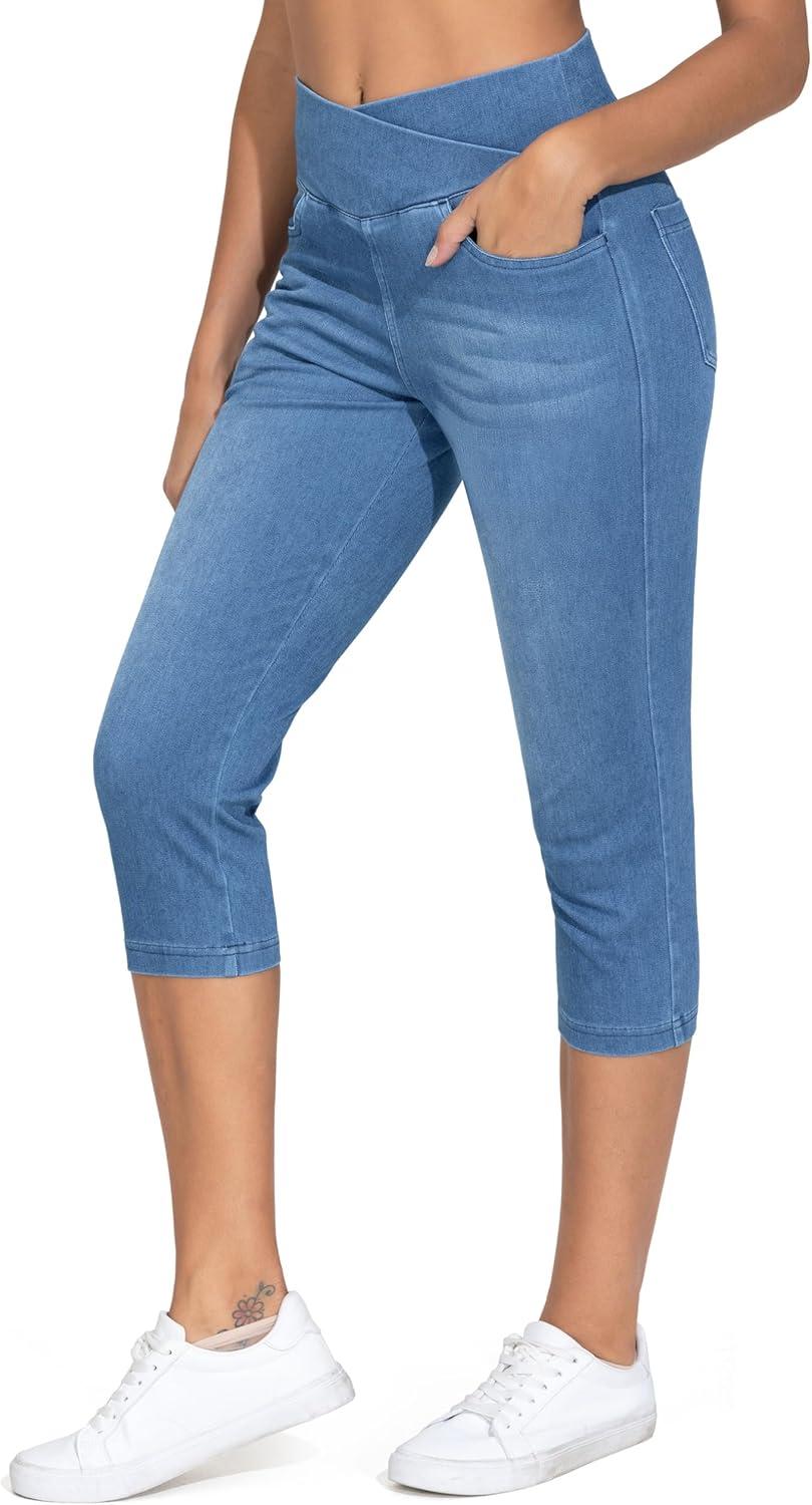 imageTHE GYM PEOPLE Womens Cross Waisted Stretchy Capri Denim Jeggings Tummy Control Skinny Jean Leggings with PocketsDenim Blue
