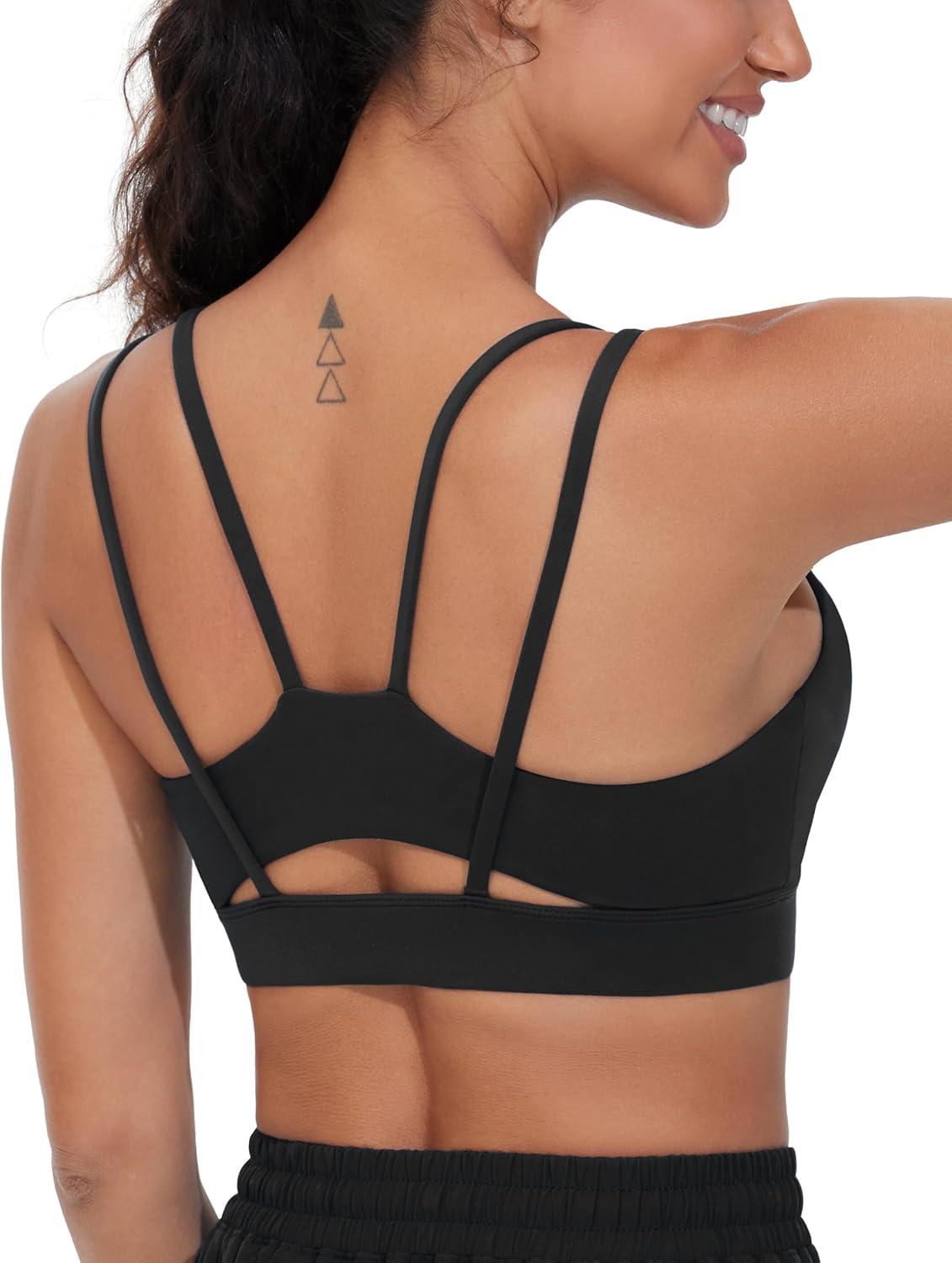 imageTHE GYM PEOPLE Womens Double Spaghetti Strap Sports Bras Supportive Strappy Workout Bra with PaddedBlack