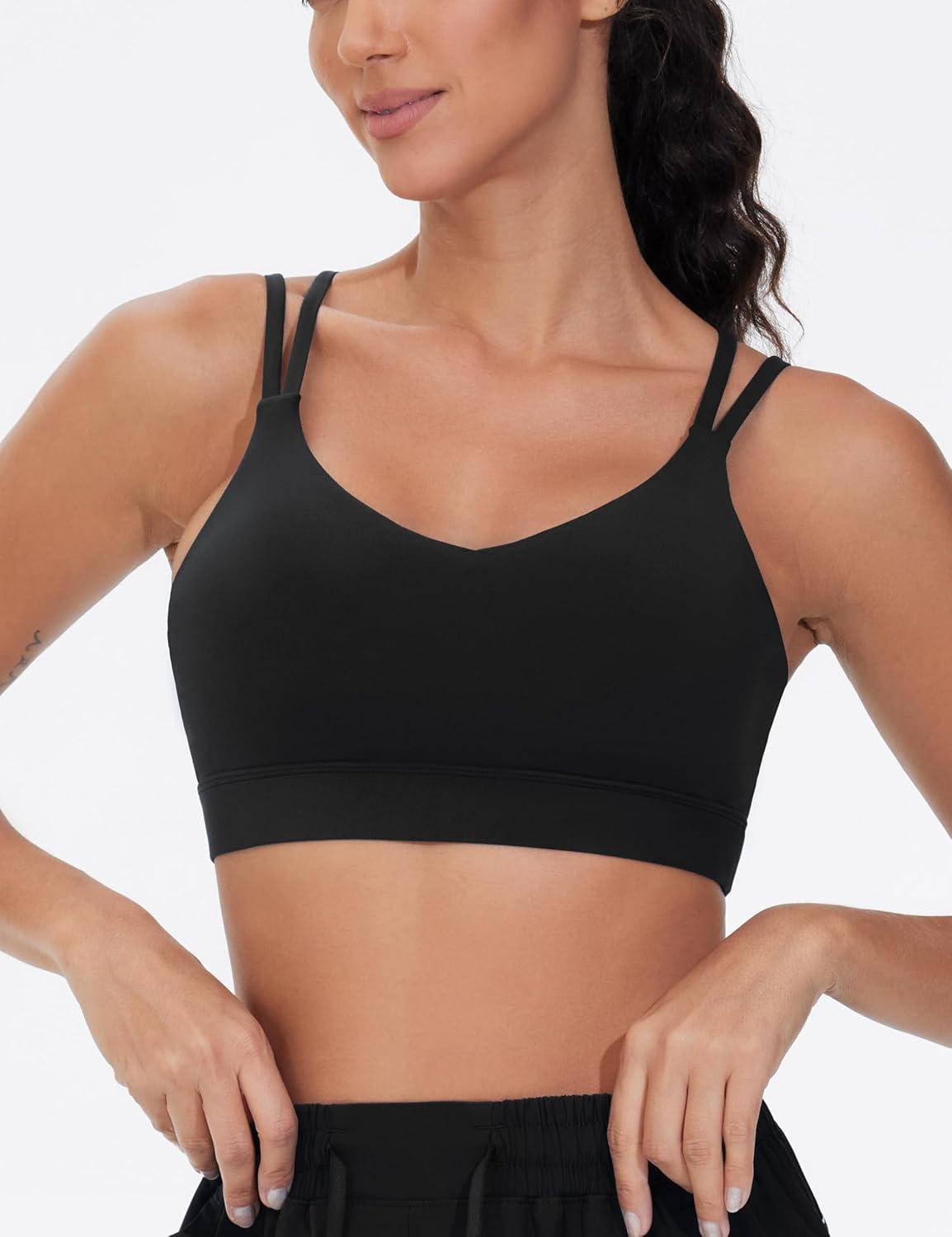 imageTHE GYM PEOPLE Womens Double Spaghetti Strap Sports Bras Supportive Strappy Workout Bra with PaddedBlack