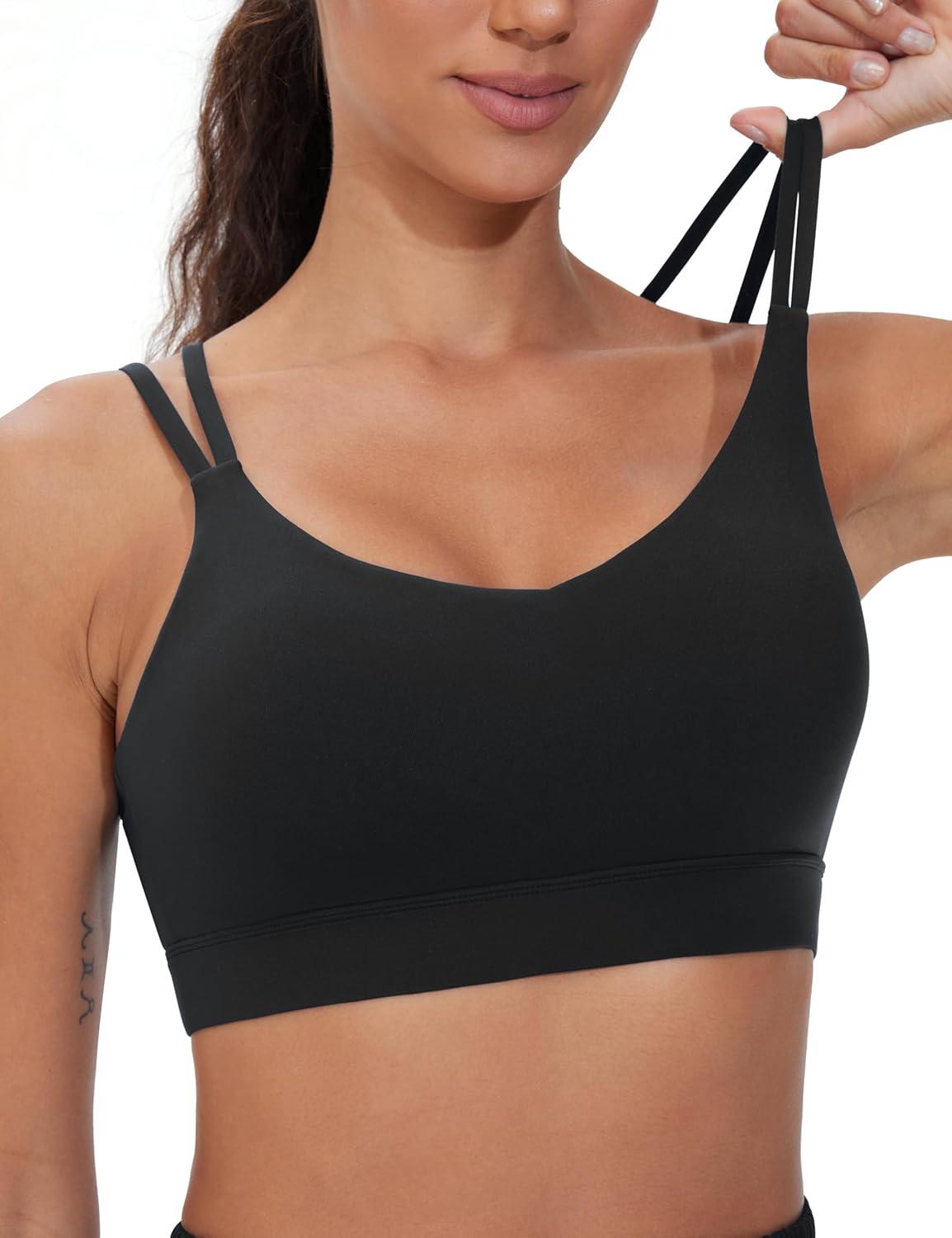 imageTHE GYM PEOPLE Womens Double Spaghetti Strap Sports Bras Supportive Strappy Workout Bra with PaddedBlack