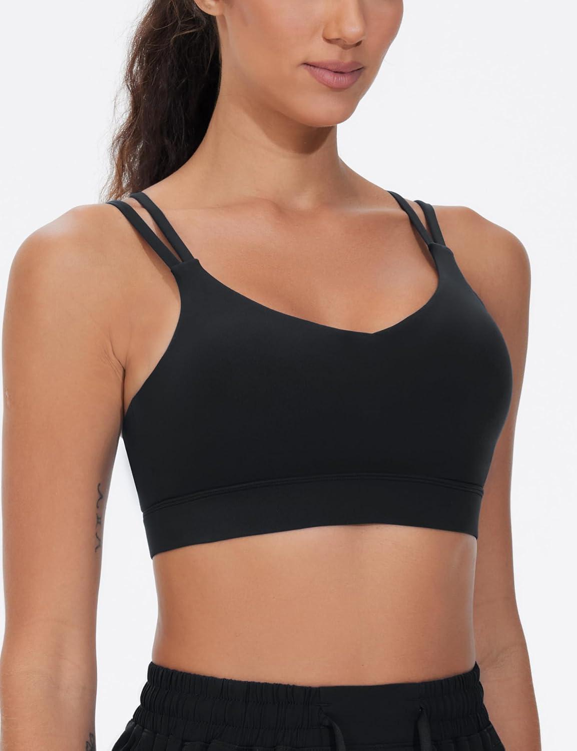 imageTHE GYM PEOPLE Womens Double Spaghetti Strap Sports Bras Supportive Strappy Workout Bra with PaddedBlack