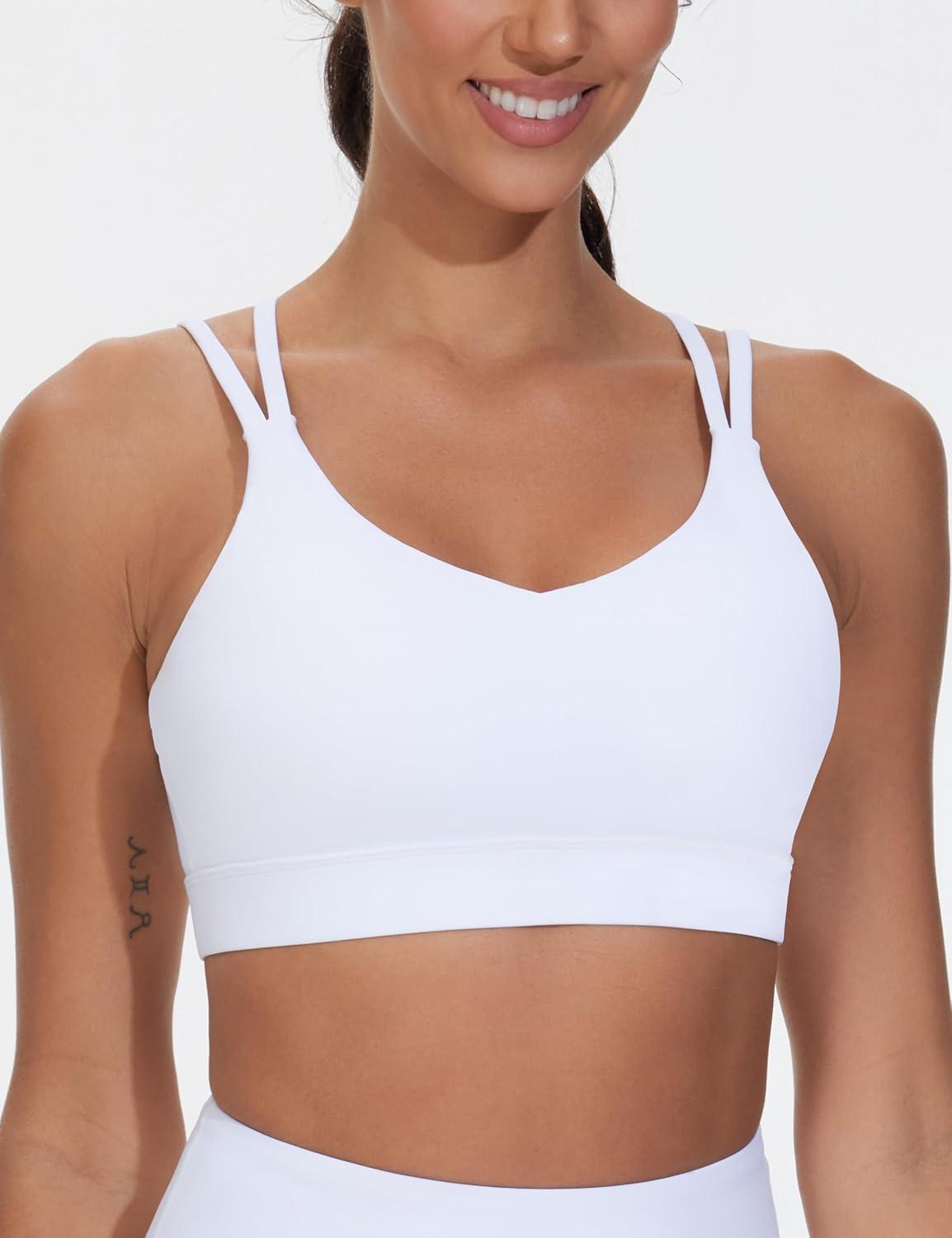 imageTHE GYM PEOPLE Womens Double Spaghetti Strap Sports Bras Supportive Strappy Workout Bra with PaddedWhite