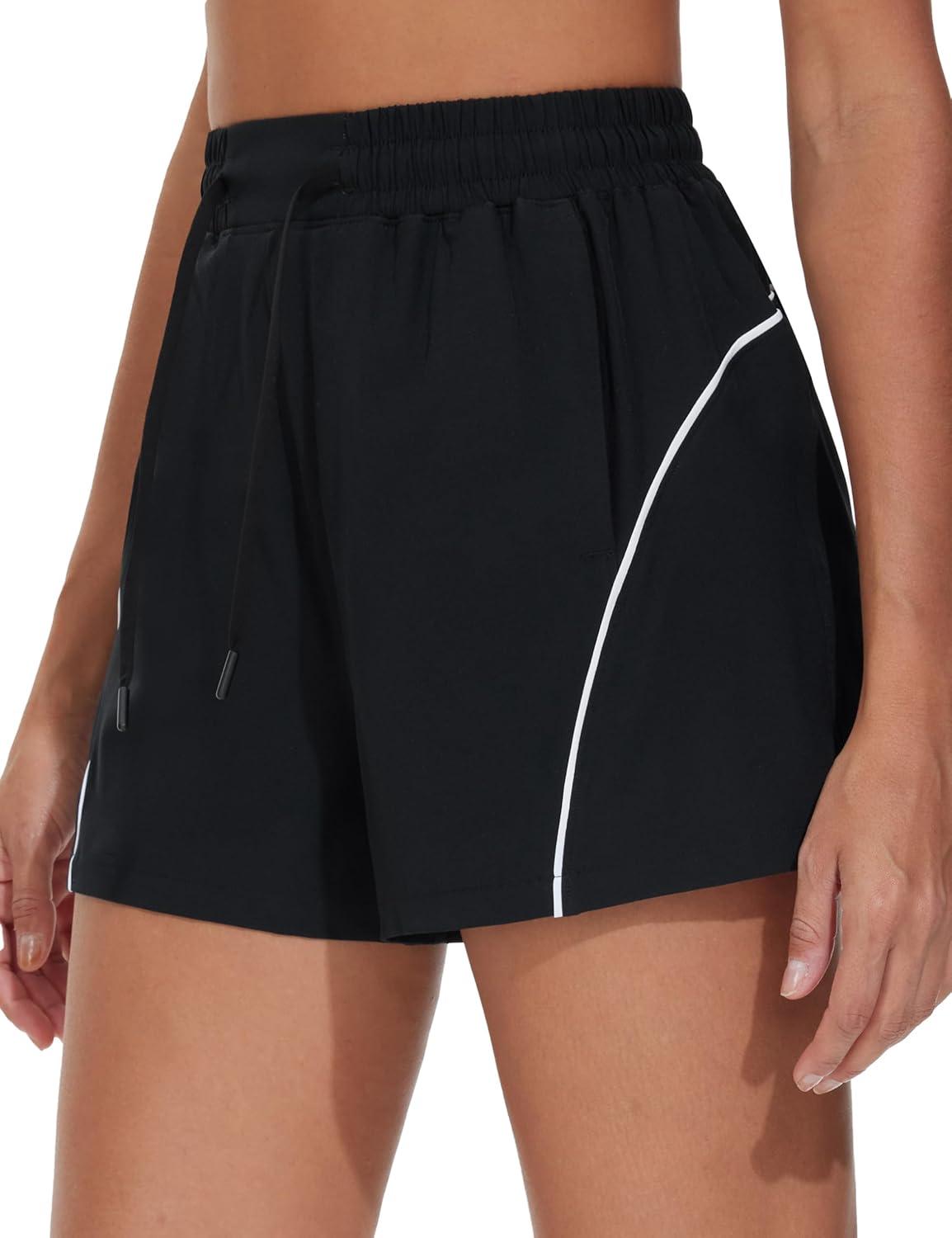 imageTHE GYM PEOPLE Womens High Waist Running Shorts with Pockets Loose Fit Lightweight Workout Yoga Athletic TracksBlack
