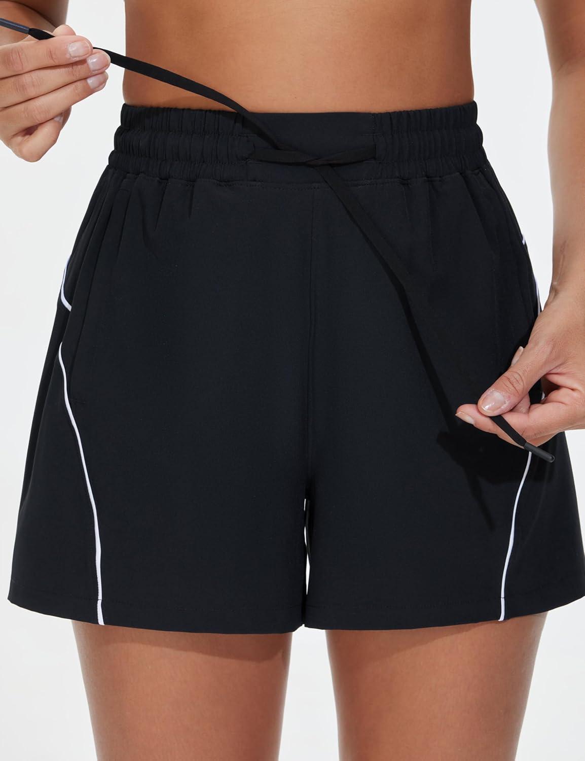 imageTHE GYM PEOPLE Womens High Waist Running Shorts with Pockets Loose Fit Lightweight Workout Yoga Athletic TracksBlack