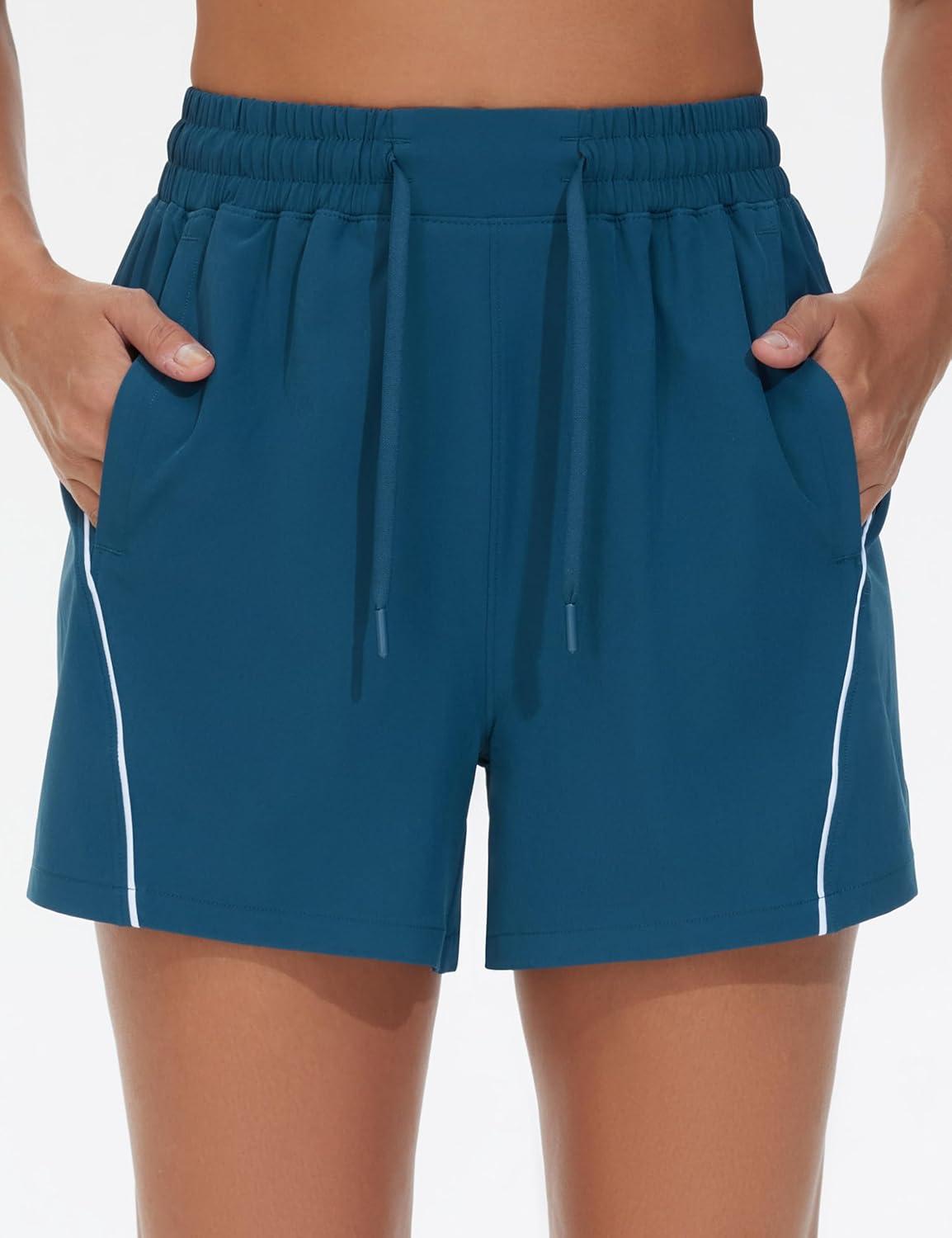 imageTHE GYM PEOPLE Womens High Waist Running Shorts with Pockets Loose Fit Lightweight Workout Yoga Athletic TracksDark Blue Green