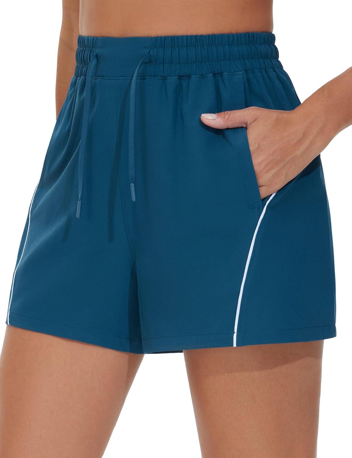 imageTHE GYM PEOPLE Womens High Waist Running Shorts with Pockets Loose Fit Lightweight Workout Yoga Athletic TracksDark Blue Green