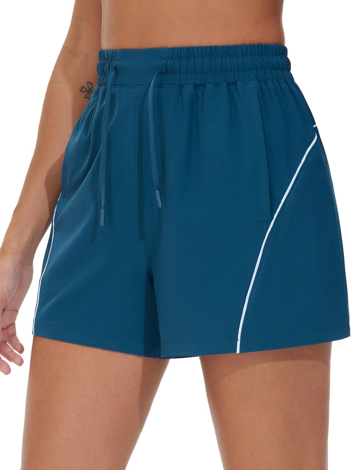 imageTHE GYM PEOPLE Womens High Waist Running Shorts with Pockets Loose Fit Lightweight Workout Yoga Athletic TracksDark Blue Green