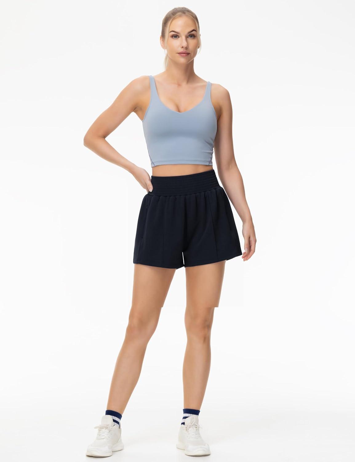 imageTHE GYM PEOPLE Womens High Waist Sweat Shorts Summer Athletic Lounge Short with Zipper PocketsBlack