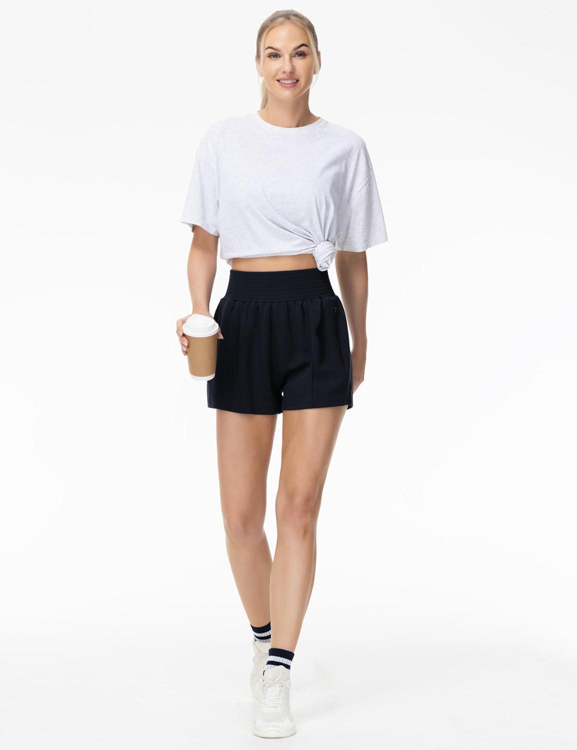 imageTHE GYM PEOPLE Womens High Waist Sweat Shorts Summer Athletic Lounge Short with Zipper PocketsBlack