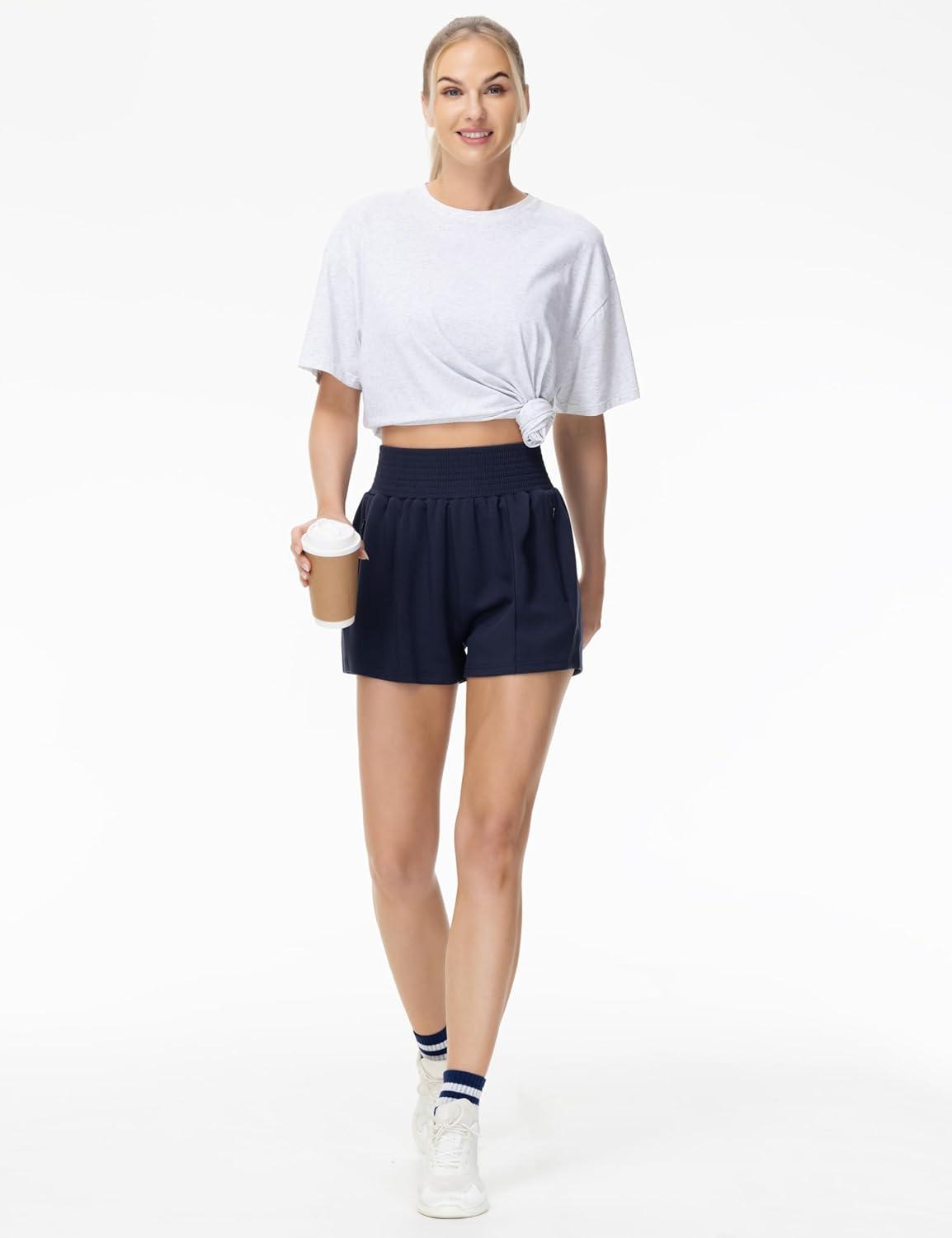 imageTHE GYM PEOPLE Womens High Waist Sweat Shorts Summer Athletic Lounge Short with Zipper PocketsDark Blue