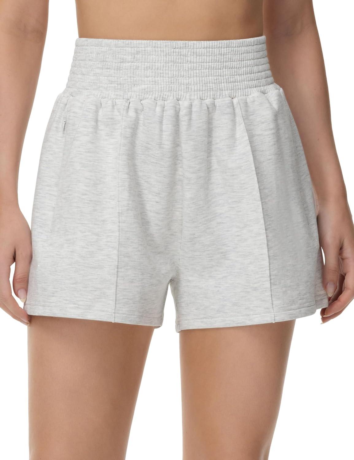 imageTHE GYM PEOPLE Womens High Waist Sweat Shorts Summer Athletic Lounge Short with Zipper PocketsHeather White