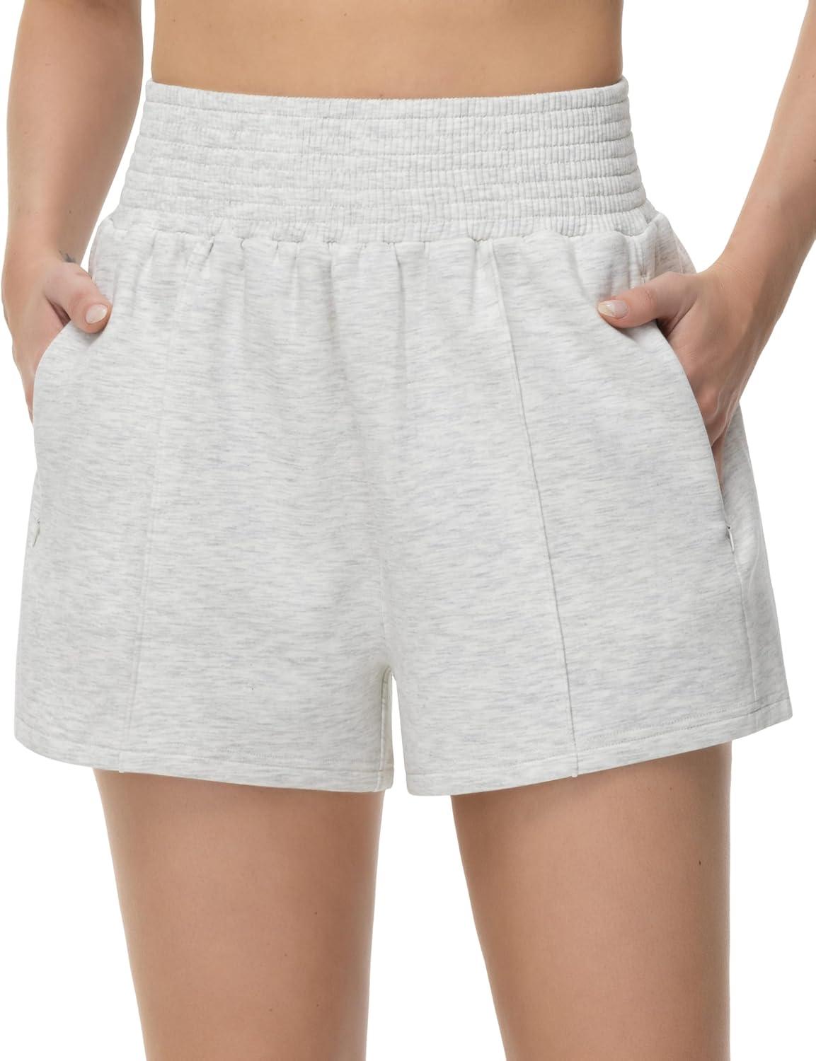 imageTHE GYM PEOPLE Womens High Waist Sweat Shorts Summer Athletic Lounge Short with Zipper PocketsHeather White