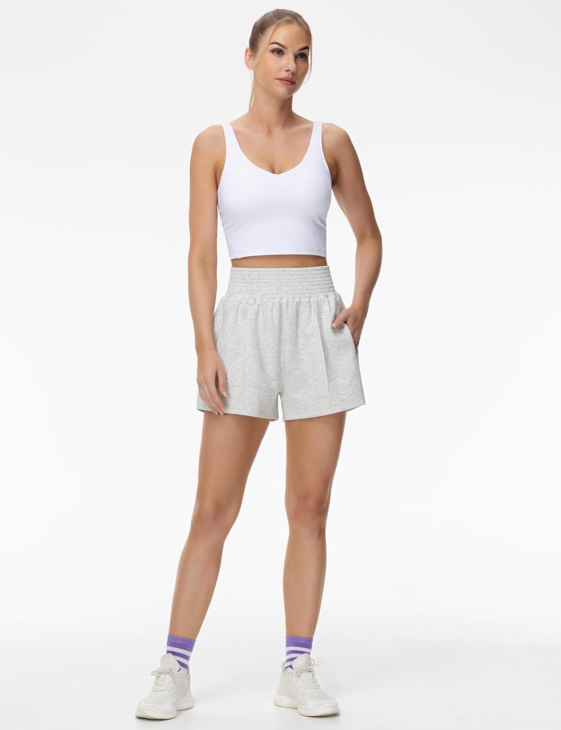 imageTHE GYM PEOPLE Womens High Waist Sweat Shorts Summer Athletic Lounge Short with Zipper PocketsHeather White