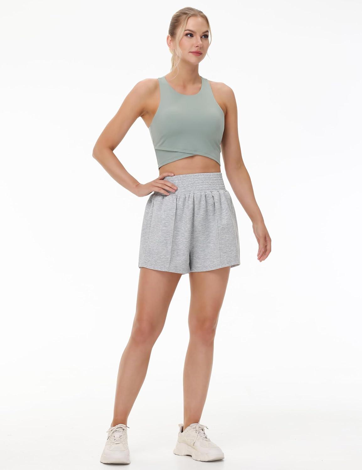 imageTHE GYM PEOPLE Womens High Waist Sweat Shorts Summer Athletic Lounge Short with Zipper PocketsLight Heather Grey