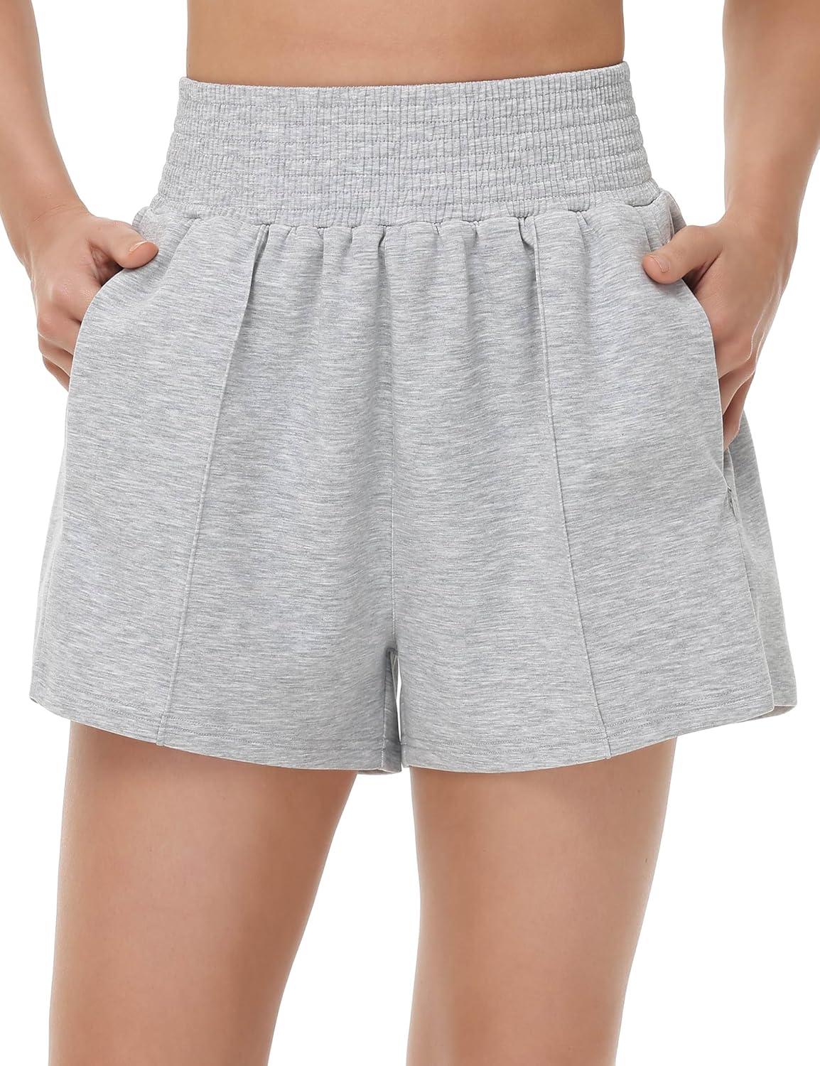 imageTHE GYM PEOPLE Womens High Waist Sweat Shorts Summer Athletic Lounge Short with Zipper PocketsLight Heather Grey