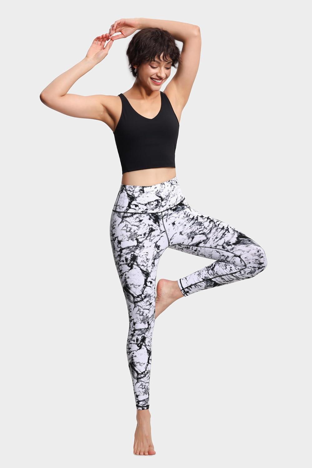 imageTHE GYM PEOPLE Womens High Waist Workout Legging Soft Tummy Control Squat Proof Yoga Running PantsBlackMarble White