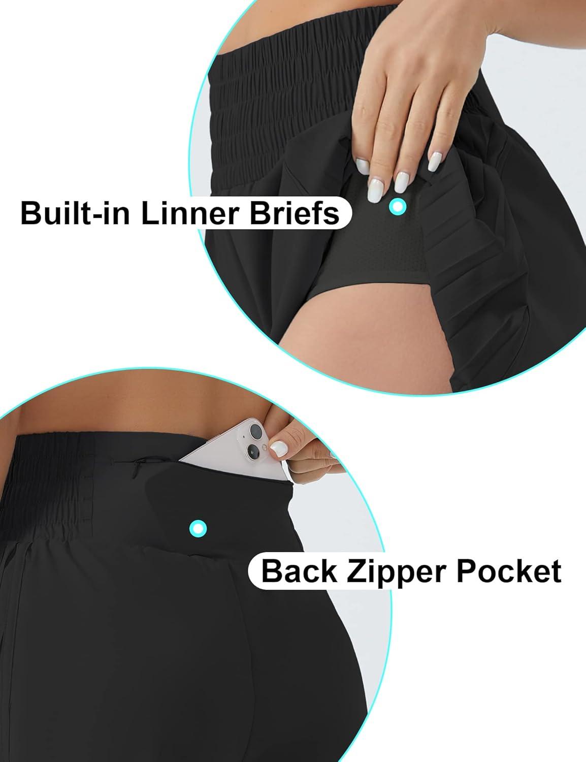imageTHE GYM PEOPLE Womens High Waist Workout Shorts Side Pleated Athletic Running Shorts with Mesh Liner Zip PocketBlack