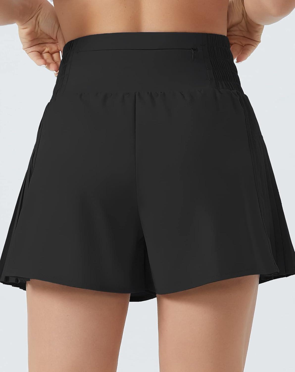 imageTHE GYM PEOPLE Womens High Waist Workout Shorts Side Pleated Athletic Running Shorts with Mesh Liner Zip PocketBlack