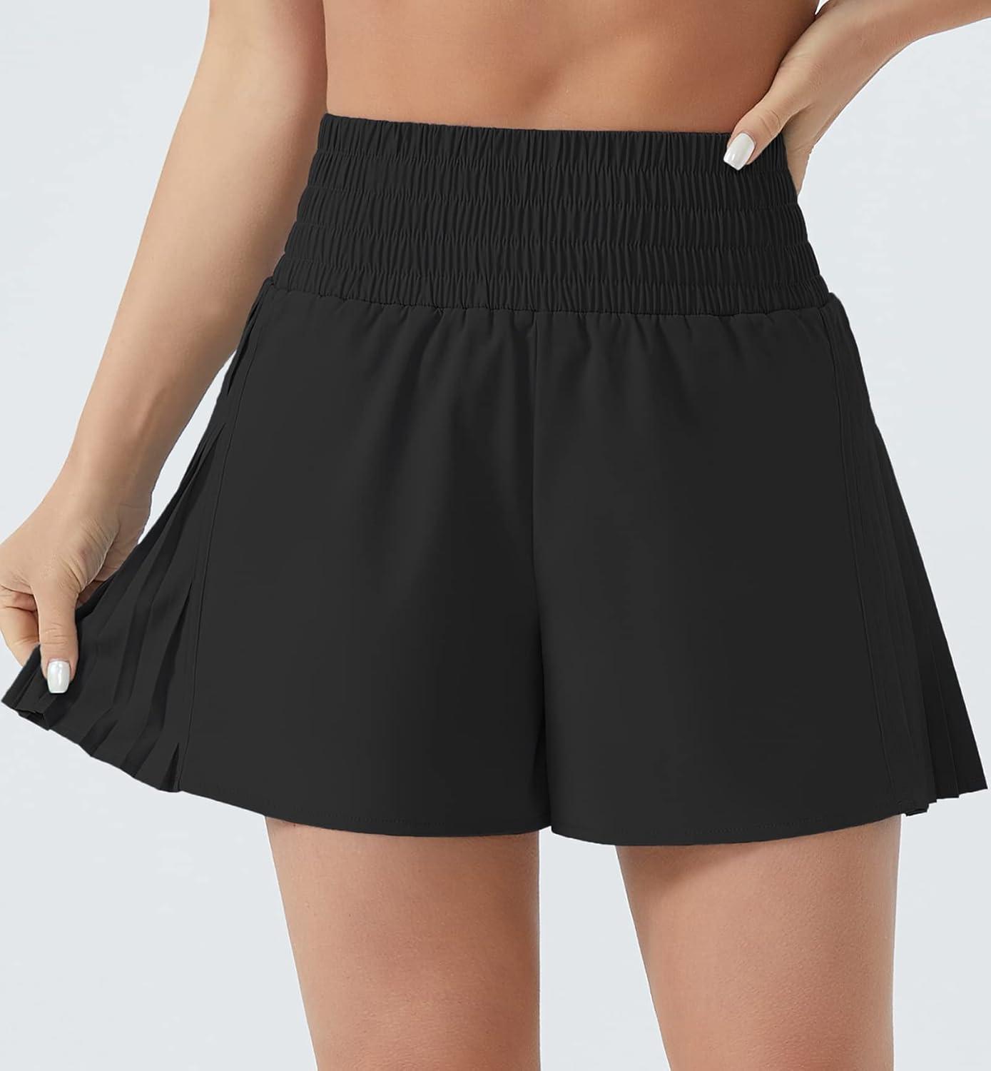 imageTHE GYM PEOPLE Womens High Waist Workout Shorts Side Pleated Athletic Running Shorts with Mesh Liner Zip PocketBlack