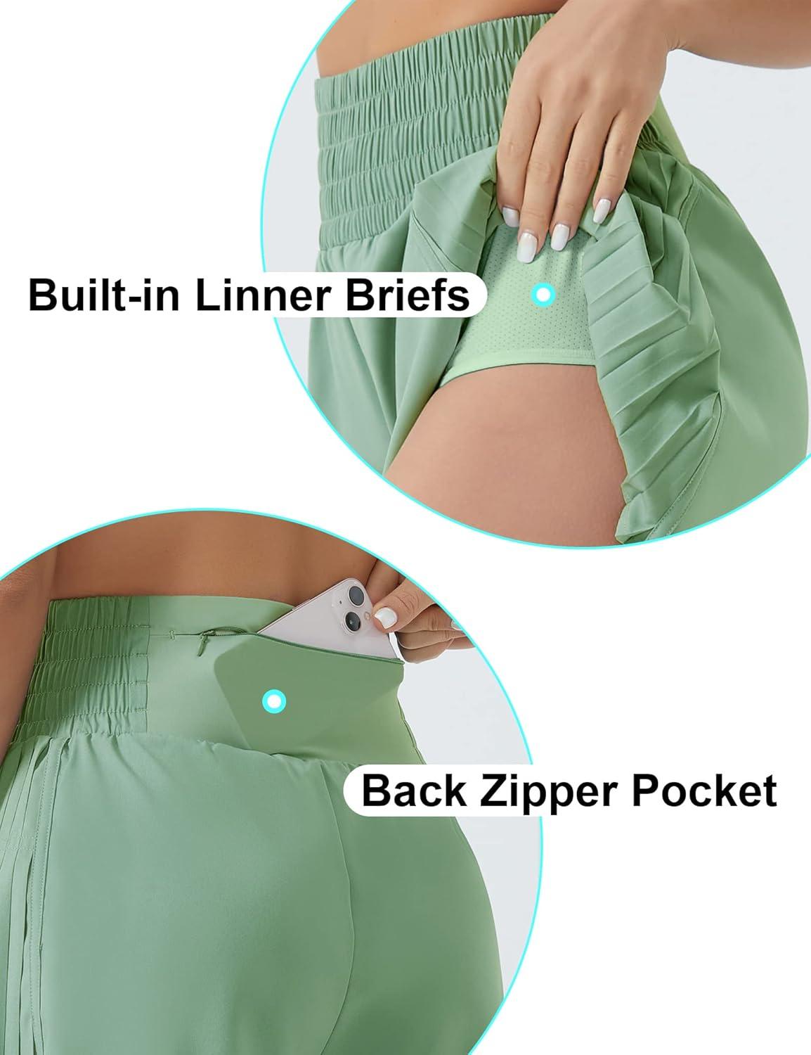 imageTHE GYM PEOPLE Womens High Waist Workout Shorts Side Pleated Athletic Running Shorts with Mesh Liner Zip PocketJasmine Green