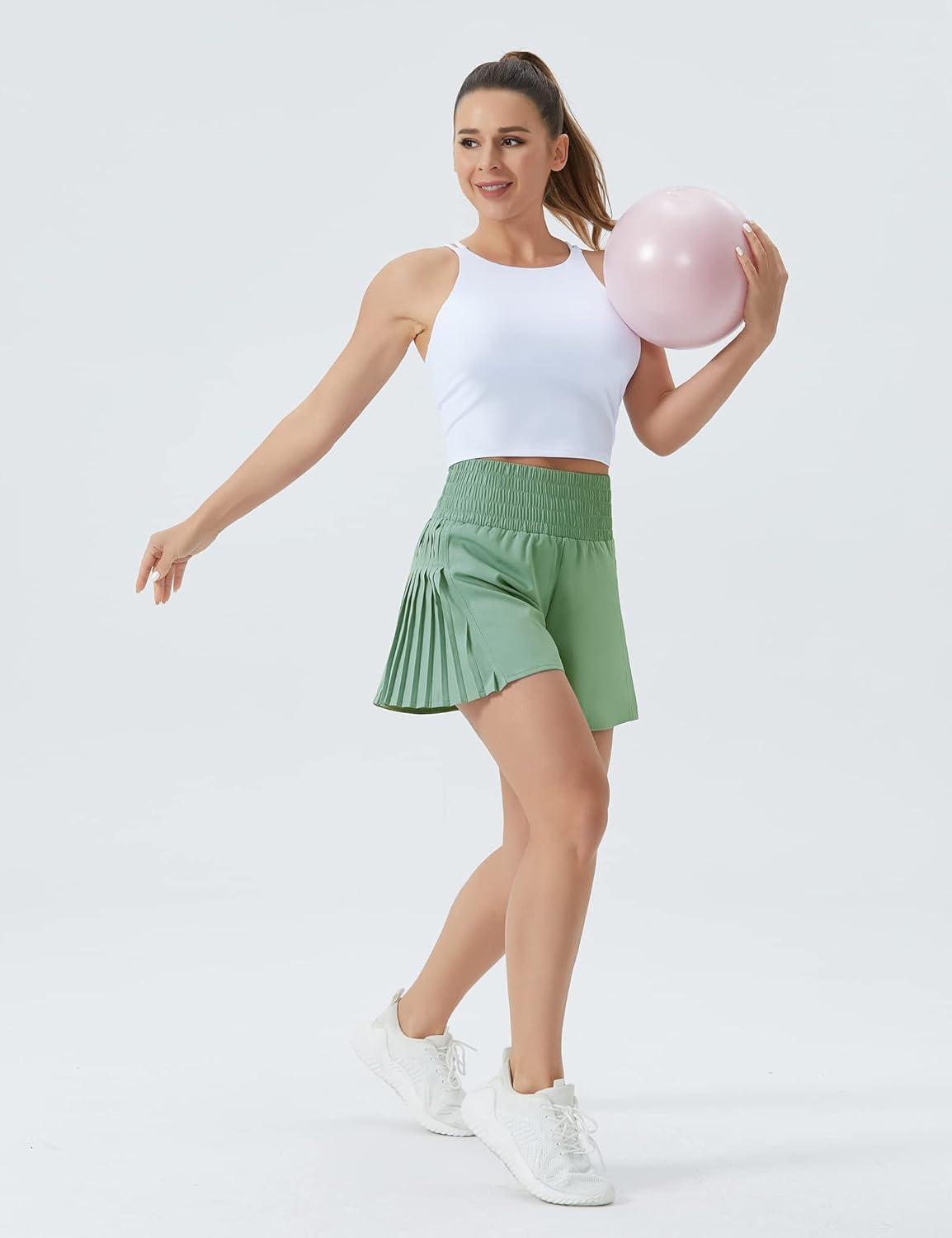 imageTHE GYM PEOPLE Womens High Waist Workout Shorts Side Pleated Athletic Running Shorts with Mesh Liner Zip PocketJasmine Green