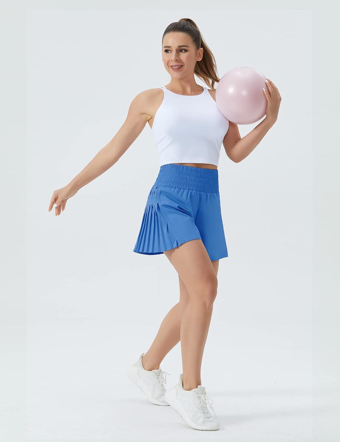 imageTHE GYM PEOPLE Womens High Waist Workout Shorts Side Pleated Athletic Running Shorts with Mesh Liner Zip PocketLight Blue