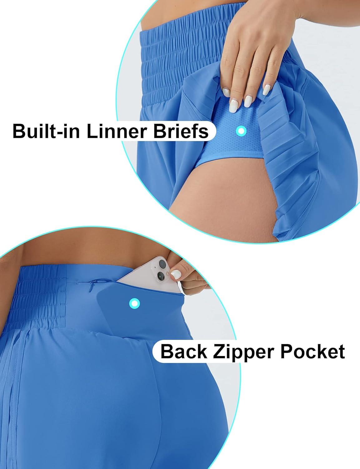 imageTHE GYM PEOPLE Womens High Waist Workout Shorts Side Pleated Athletic Running Shorts with Mesh Liner Zip PocketLight Blue