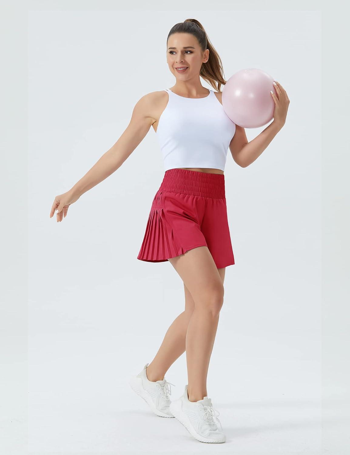 imageTHE GYM PEOPLE Womens High Waist Workout Shorts Side Pleated Athletic Running Shorts with Mesh Liner Zip PocketMagenta