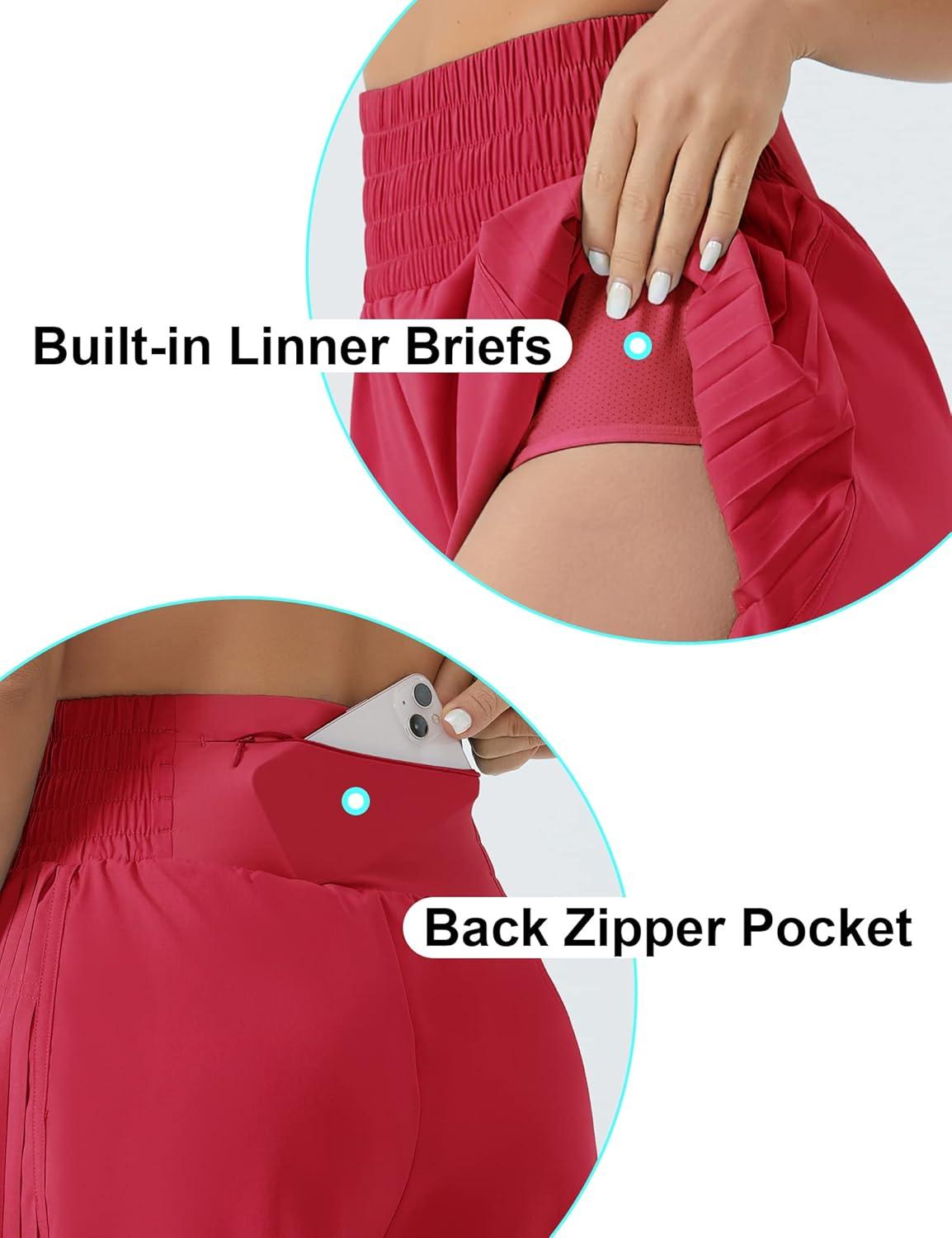 imageTHE GYM PEOPLE Womens High Waist Workout Shorts Side Pleated Athletic Running Shorts with Mesh Liner Zip PocketMagenta